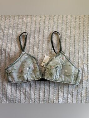 aerie Sheer Floral Embroidered Bralette in Sage Green with Black Straps